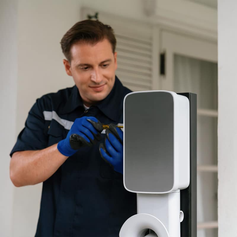 Technician installing an electric vehicle charging station at home.