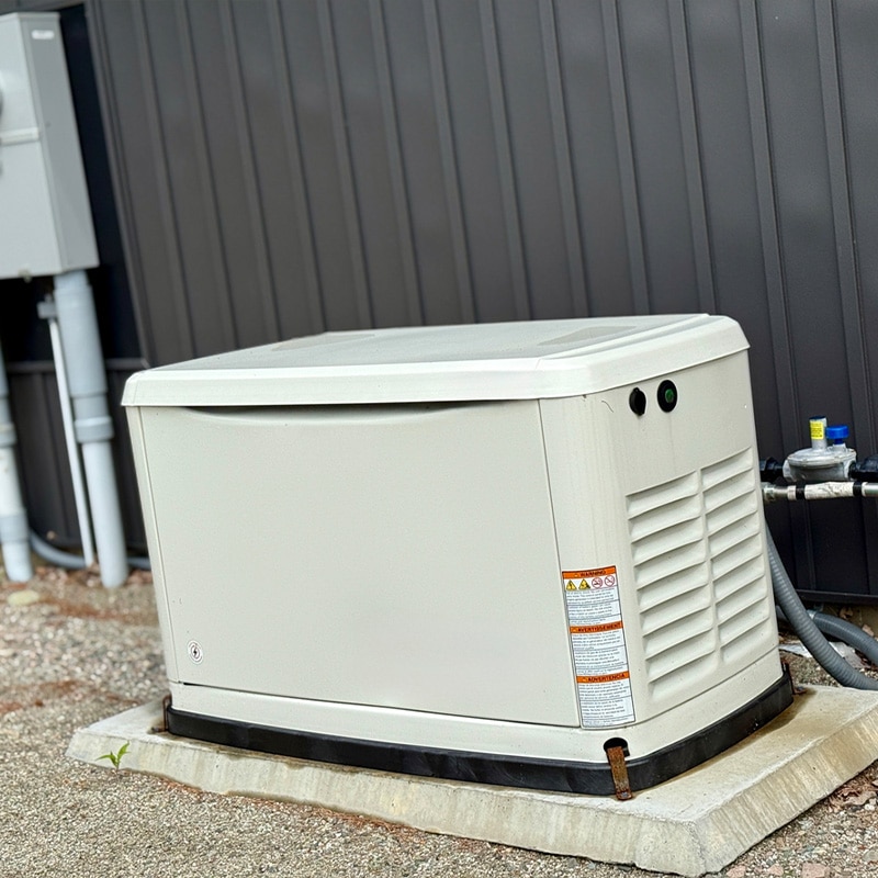 Outdoor standby generator on a concrete pad beside a building, providing backup power supply.