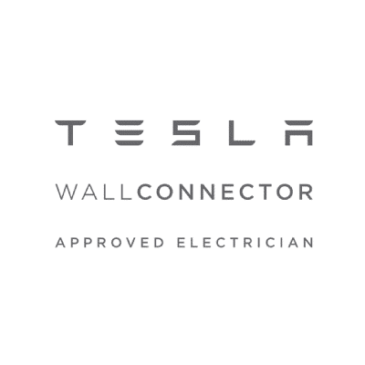 Tesla Wall Connector logo with text 'Approved Electrician' for electric vehicle charging installation services.